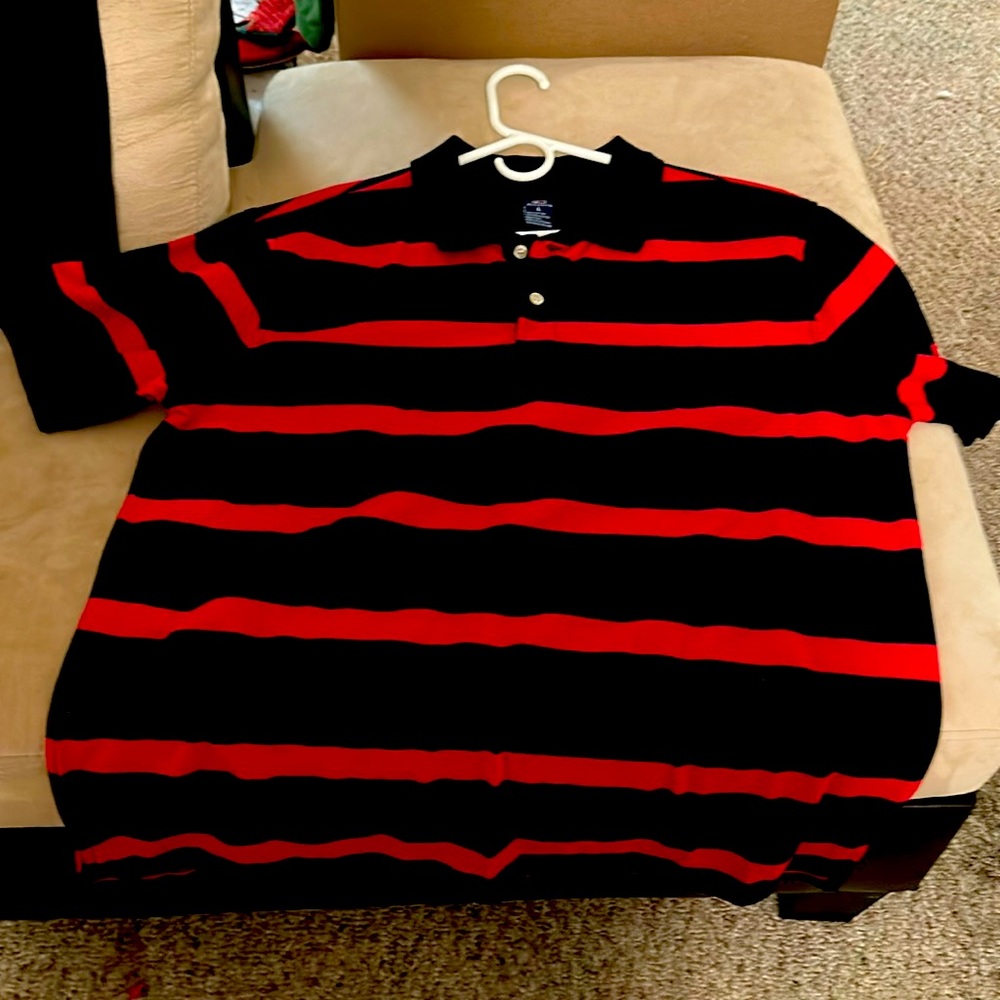 Black stripes along with red stripes Bugleboy polo shirt. Size: Large